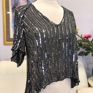 Parker Gunmetal high low silver sequin silk blouse size small new!